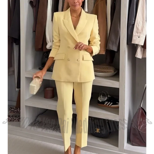 Women's Double Breasted Blazer 2 Piece Suit Set Elegant Peak Lapel Office Business Formal Commute Wedding Outfit(Jacket+Pants)