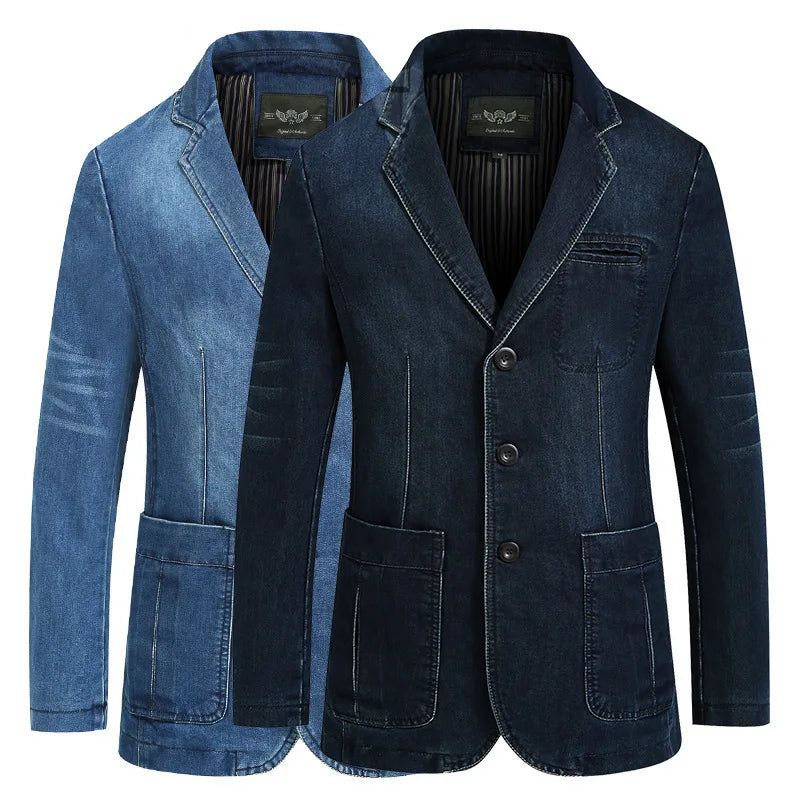 New Men's Denim Blazer Male Suit Jacket Oversized Fashion Cotton Vintage 4XL Blue Coat Denim Jacket Men Cowboy Suit