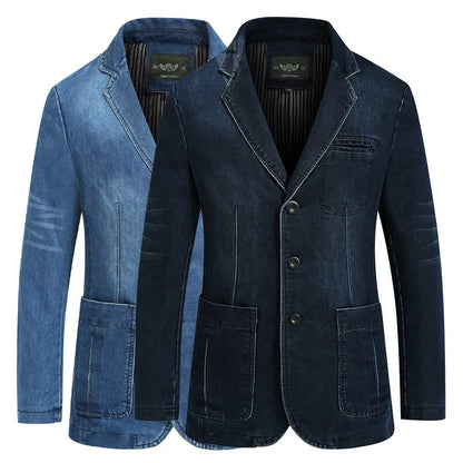 New Men's Denim Blazer Male Suit Jacket Oversized Fashion Cotton Vintage 4XL Blue Coat Denim Jacket Men Cowboy Suit