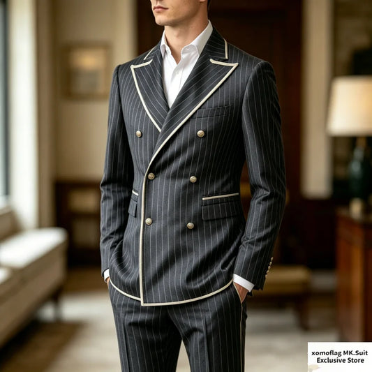 Men's Striped Double Breasted Suit – Slim Fit 2-Piece Set for Weddings & Business