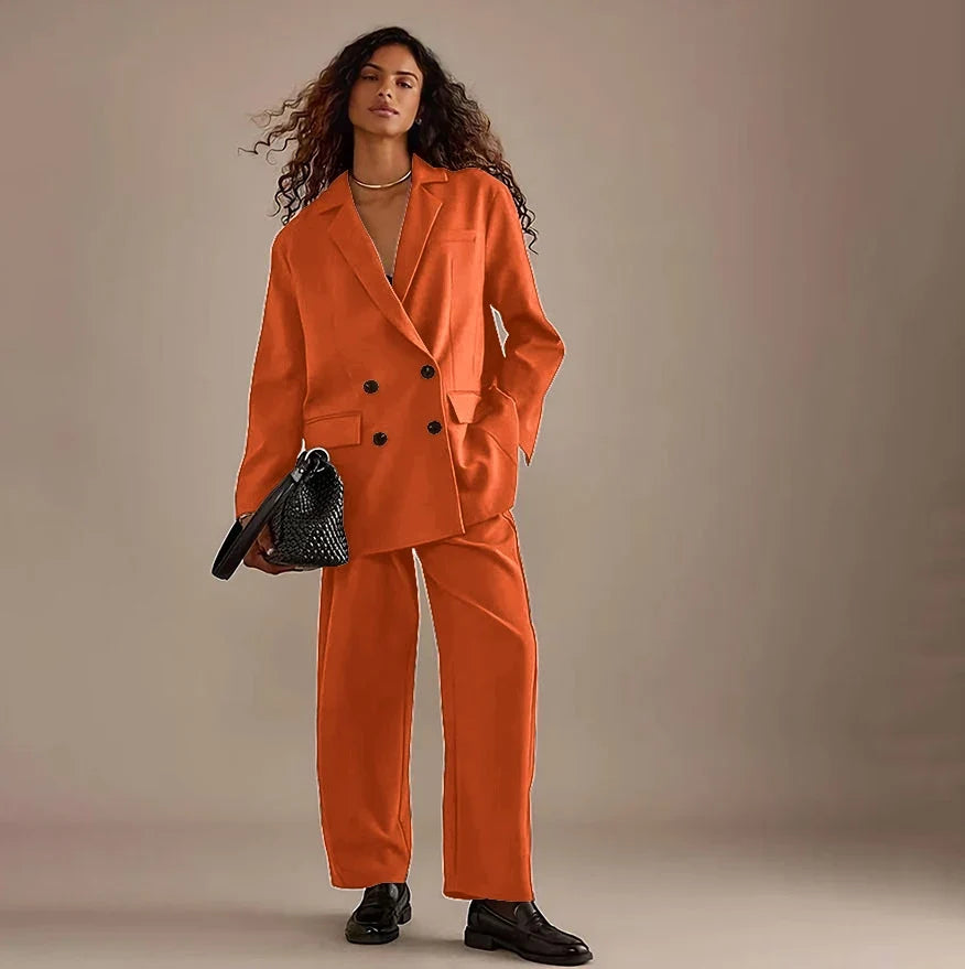 Leisure Brown Double Breasted Women Pants Set High-end Female Two Pieces(Jacket+Trousers)أطقم بناطيل