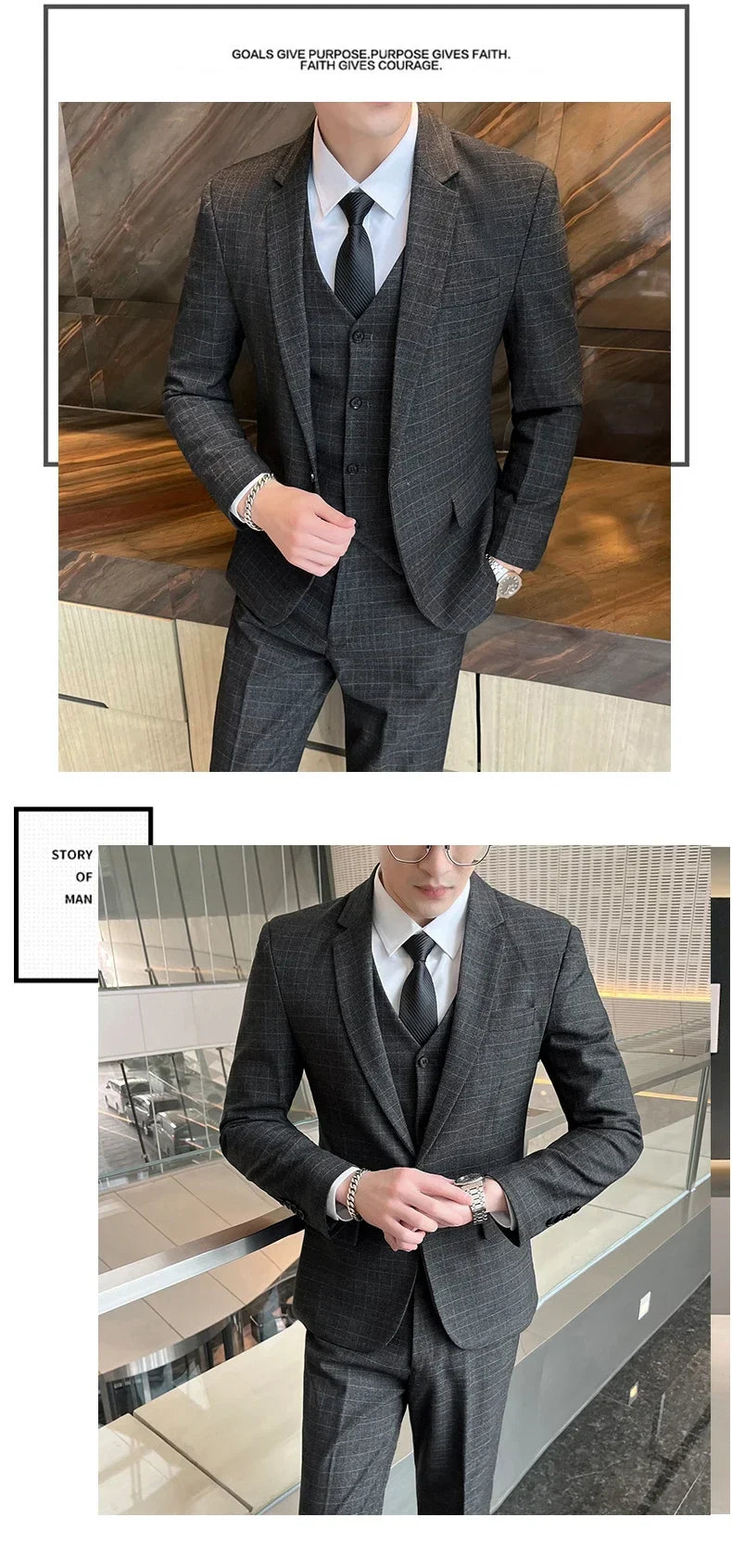 Men's 3-Piece Suit Set Slim Fit Single Breasted Business Formal Wedding Blazer Vest Pants