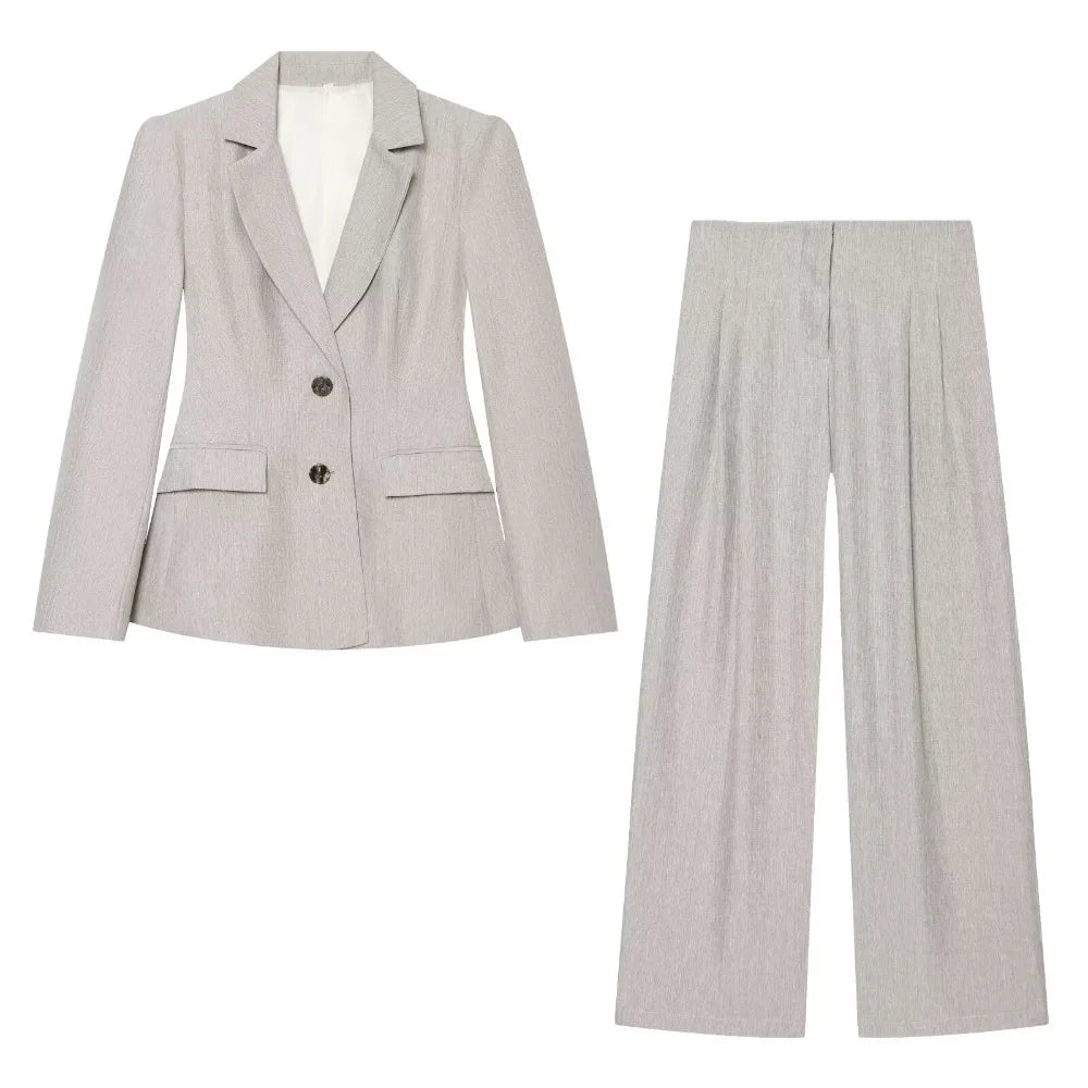 Stylish OL Style Pant Sets Women New Matching Sets Linen Blazer with Shoulder Pads and Flap Pockets + High-waisted Pleated Pants