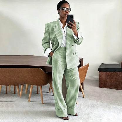 Neutral Gray Pinstripe Oversized Matching Sets Double Breasted Women's Suit Casual Formal 2-Piece(Jacket+Pants) Office Set