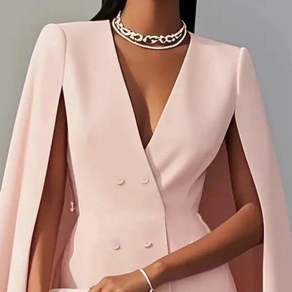 Women Chic Blazer V-neck Double Breasted Shawl Cape Solid Color Slim Fit Suit-Dress Elegant Fashion Coat New Spring HK19886