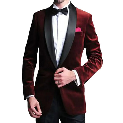 Men's Burgundy Velvet Blazer Shawl Lapel Coat for Dinner Wedding Party Tuxedos Jacket Groom Business Tuxedos Men Suits Tops