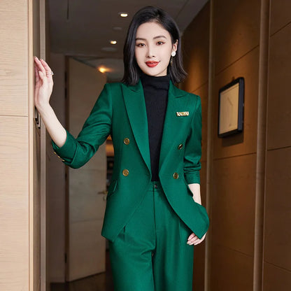 Elegant Women's Double Breasted Blazer Pants Set 2025 Autumn Winter Fashion Office Work Outfit Lady Matching Set Trousers Jacket