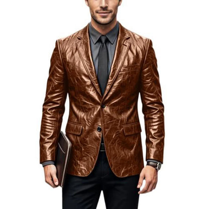 Vintage Wrinkled Men's PU Leather Blazer Slim Fit Notched Lapel Business Suit Jacket Two Button Casual Sport Coats for Office