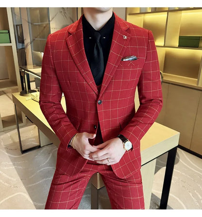 Men's 3-Piece Slim Fit Plaid Suit – Jacket, Vest & Pants for Weddings, Office & Formal Occasions