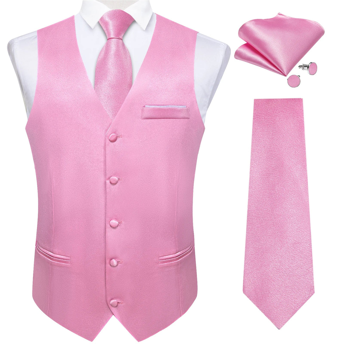 Men's Satin Suit Vest Set with Tie Handkerchief and Cufflinks for Wedding and Prom