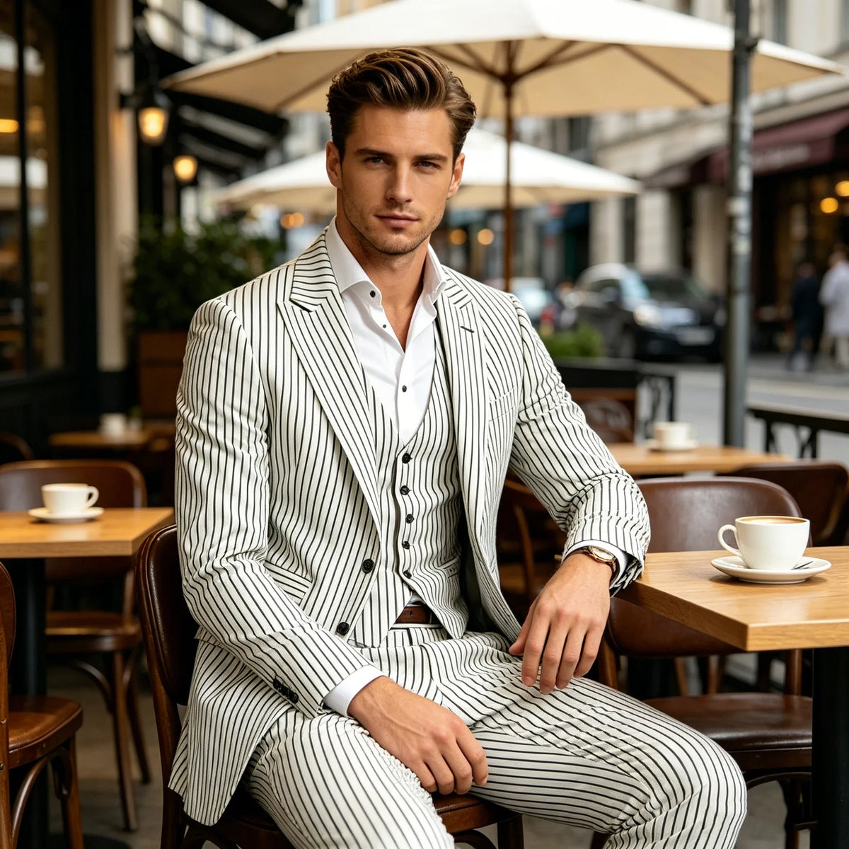 Men's 3-Piece Pinstripe Suit – Slim Fit Notched Lapel Blazer, Vest & Trousers for Wedding & Business