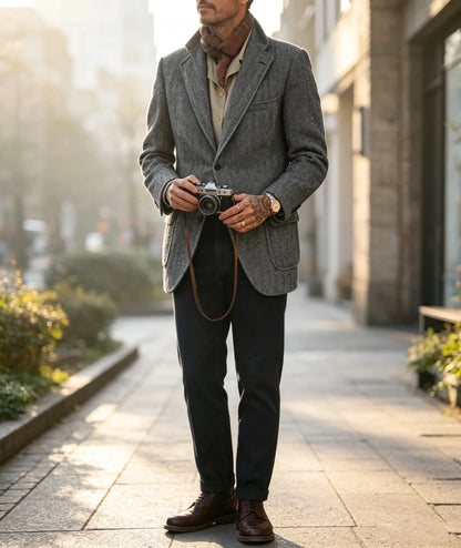 Mens Herringbone Tweed Blazer Vintage Wool Blend Houndstooth Jacket Regular Fit Notch Lapel Business Casual Outerwear Coat