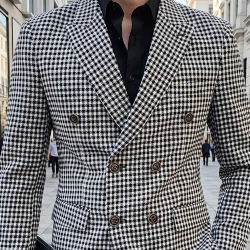 Slim Fit Plaid Men Suit Jacket 1 Piece Double Breasted Houndstooth Check Male Blazer For Wedding Prom Party tweed blazer coats