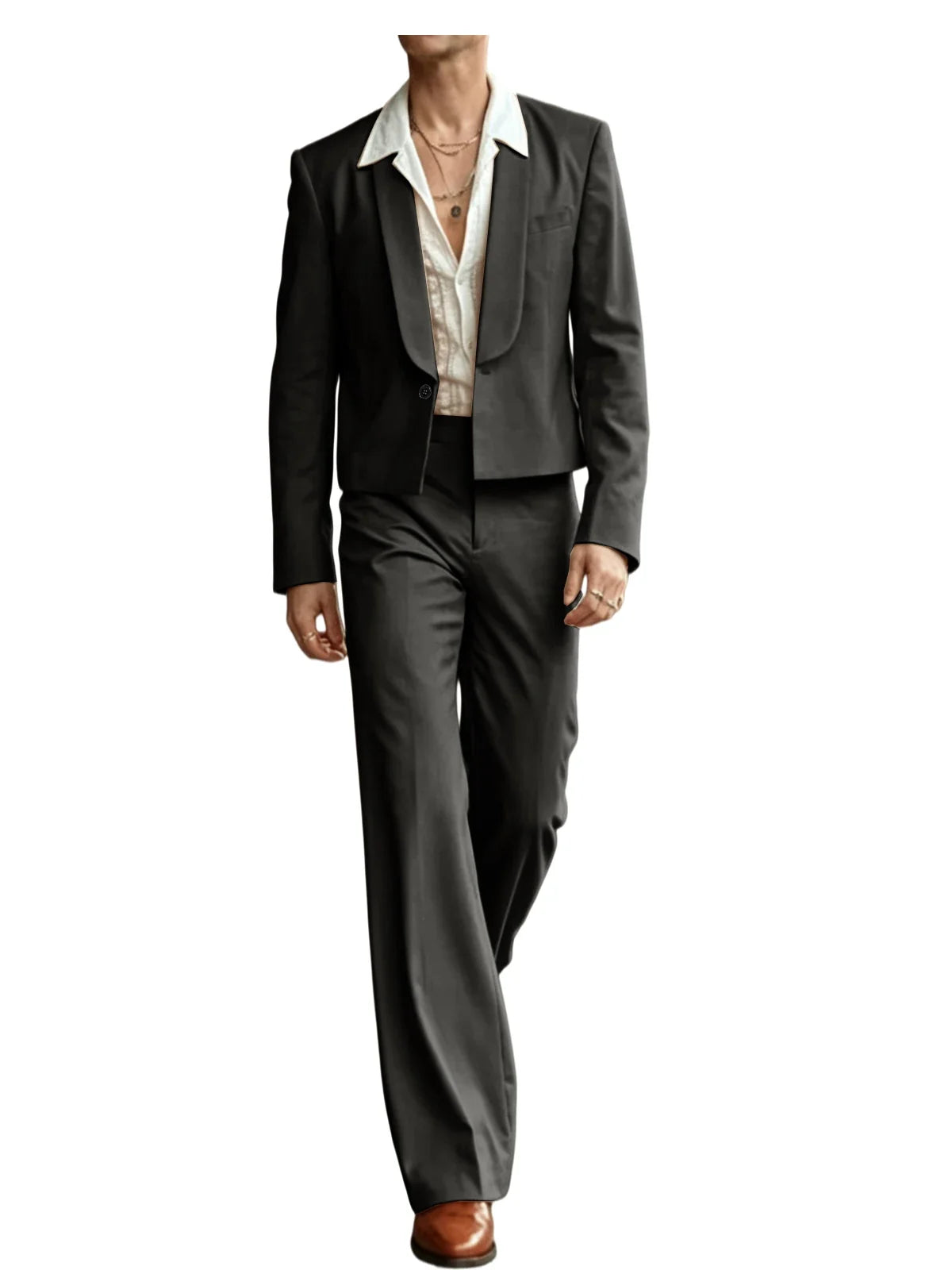 Men's 2-Piece Suit Set – Cropped Blazer & High Waist Flare Pants | Shawl Lapel Tuxedo for Formal & Party Occasions