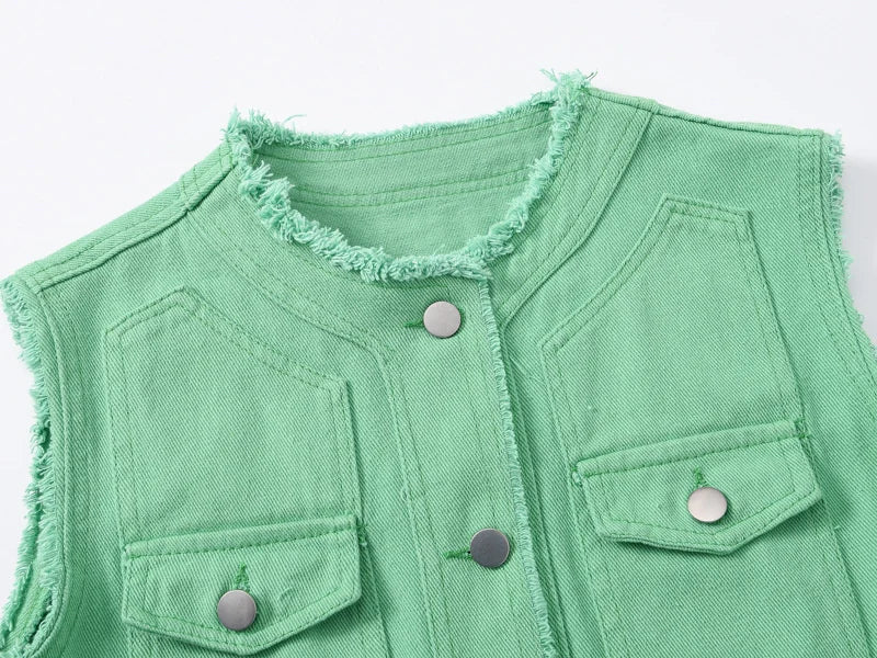 Autumn Women Denim Vests Sleeveless Waistcoat Students Casual Sleeveless Tops Jeans Jackets Pink Yellow White Orange Green 5XL