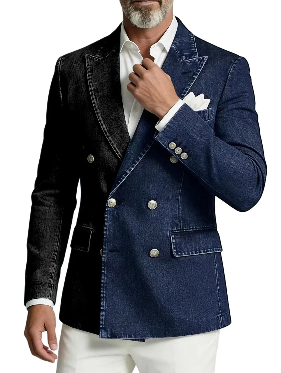 Men Spliced Denim Jacket Peak Lapel Double Breasted Slim Fit Casual Blazer Outing Date Night Trendy Party Fashion Costume Homme
