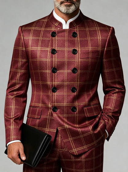 Men's Plus Size Blazer Mandarin Collar Double Breasted Slim Fit Pinstripe Luxury Jacket For Business Wedding Party Banquet