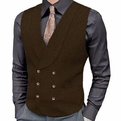 Men's Herringbone Double-Breasted Vest with Lapel – Brown Suit Waistcoat for Wedding & Formal Occasions