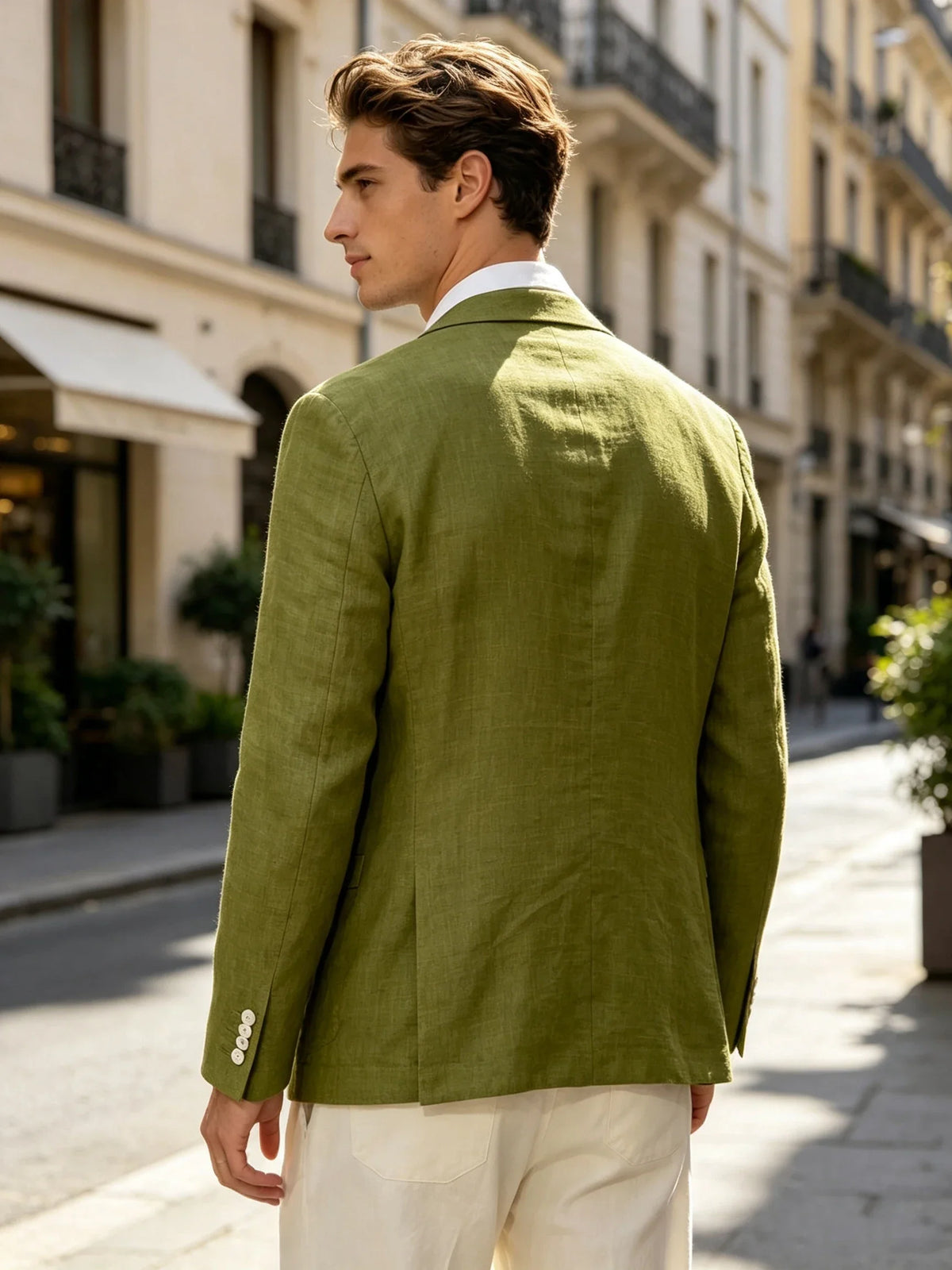 Summer Cotton Linen Blend Men Blazer Double Breasted Casual Suit Jacket Lightweight Soft Elegant Dress Coat For Prom Work Party