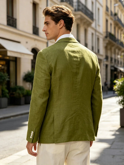 Summer Cotton Linen Blend Men Blazer Double Breasted Casual Suit Jacket Lightweight Soft Elegant Dress Coat For Prom Work Party