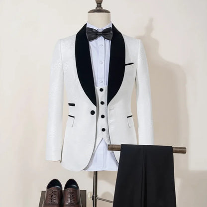 Men Suit 3 Pieces White With Black Lapel Pattern Single Button For Wedding Business Banquet Party Office Jacket Vest Pnats