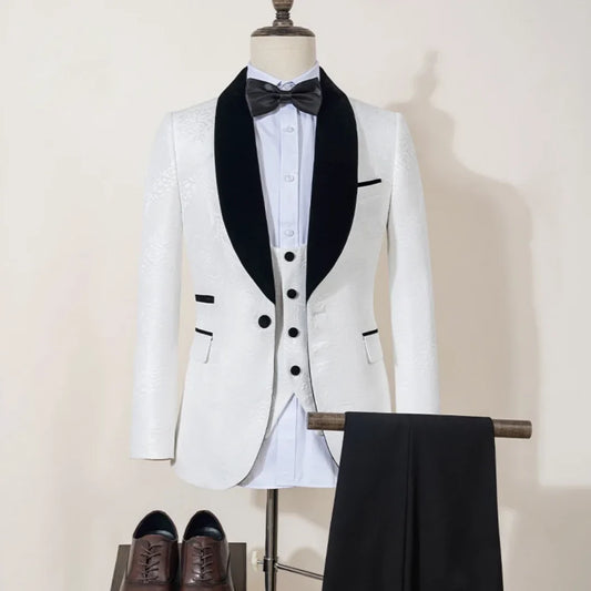 Men Suit 3 Pieces White With Black Lapel Pattern Single Button For Wedding Business Banquet Party Office Jacket Vest Pnats