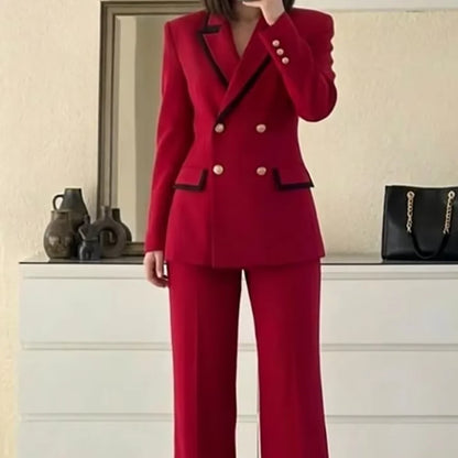Women Red Contrast Trim 2 Piece Suit Double Breasted Blazer Straight Fit Office Business Outfit Ladies Formal Party Pant Suits