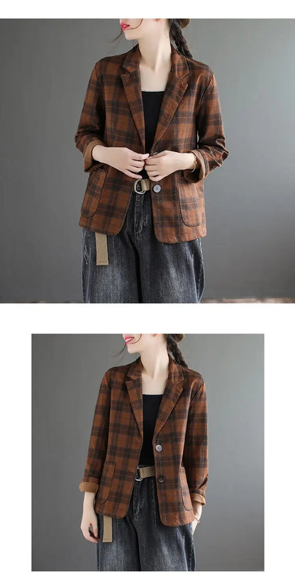 Fashion Chic Cotton Plaid Blazer Female Spring and Autumn New Literary Retro Elegant Commuter Small Incense Wind Jacket Women