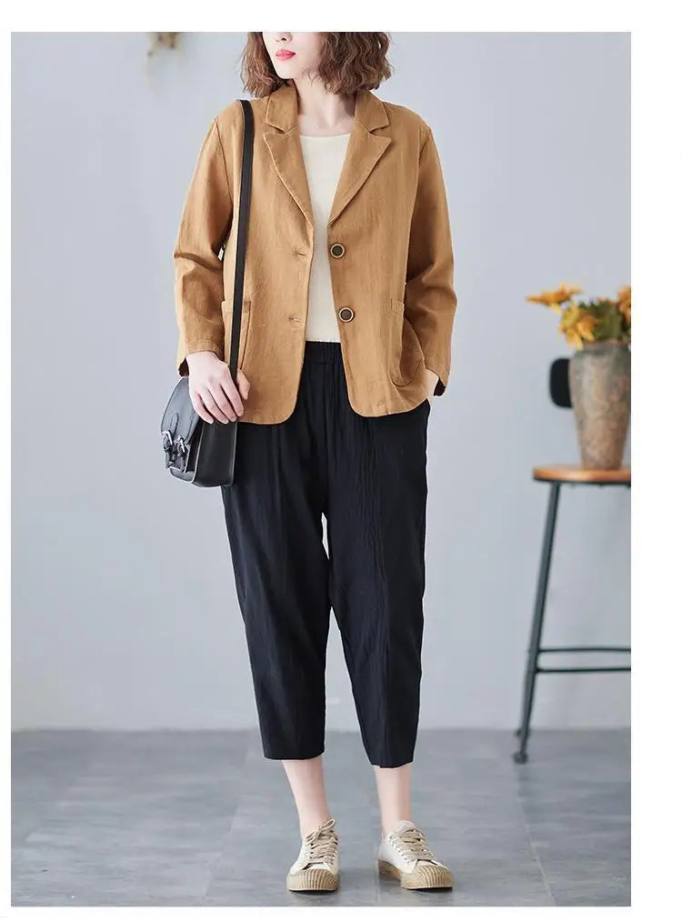 Casual Cotton Linen Short Suit Jacket Women's Spring 2025 Loose Fit Long Sleeve Artistic Large Size Casual Style Top