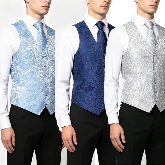 Men's Formal Vest – Paisley Jacquard Waistcoat with Tie, Pocket Square & Cufflinks Set for Weddings & Business