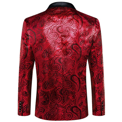Red Paisley Jacquard Mens Tuxedo Blazer, Black Satin Shawl Lapel Single Button Slim Suit Jacket for Wedding Stage Banquet Party