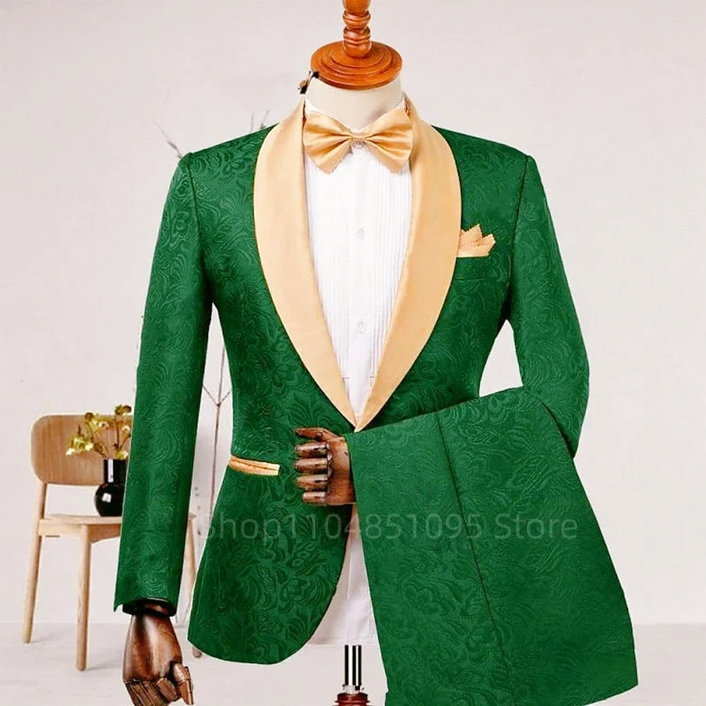 Men's Formal  Jacquard 2-Piece Wedding Suit Shawl Lapel Blazer with Pants Slim Fit Tuxedo Business Costume for Groom Party Prom