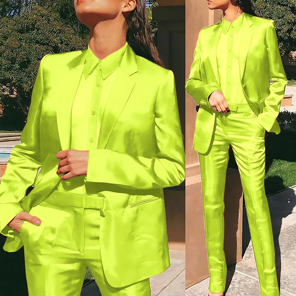 Women’s Red Satin Suit 2 Piece (Jacket+Pants) Set Gorgeous Single-breasted Blazer for Evening Party Formal Cocktail Streetwear