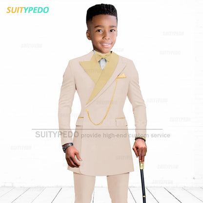 Brief Kids Suit Set  Formal Evening Prom Boys Stylish Gold Lapel Blazer And Pants Two Pieces Children Baptism Formal Costumes