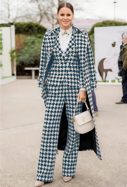 Chic Houndstooth Women Suits 3 Piece & Only Jacket Peak Lapel Formal Casual Prom Party Pants Sets Long Coat Blazer Pants