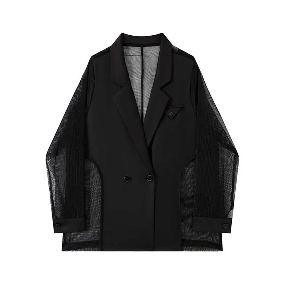 Women's Black Gothic Mesh Patchwork Blazer Coat Vintage Streetwear Harajuku Emo 2000s Suit Jacket Long Sleeve Outerwear Clothes