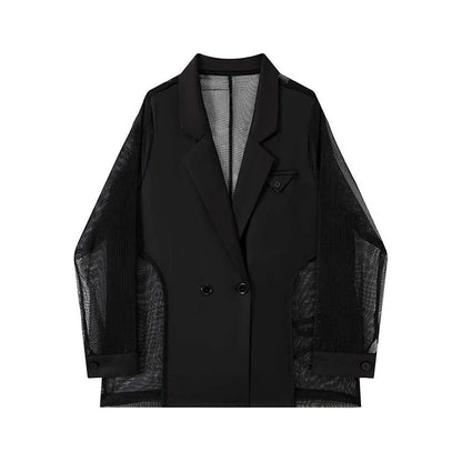Women's Black Gothic Mesh Patchwork Blazer Coat Vintage Streetwear Harajuku Emo 2000s Suit Jacket Long Sleeve Outerwear Clothes