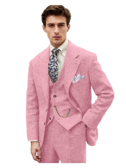 3 Piece Grey/Brown Mens Tweed Herringbone Wedding Suit Prom Tuxedos Peak Lapel Tweed for Business Slim Fit (Blazer+Vest+Pants)