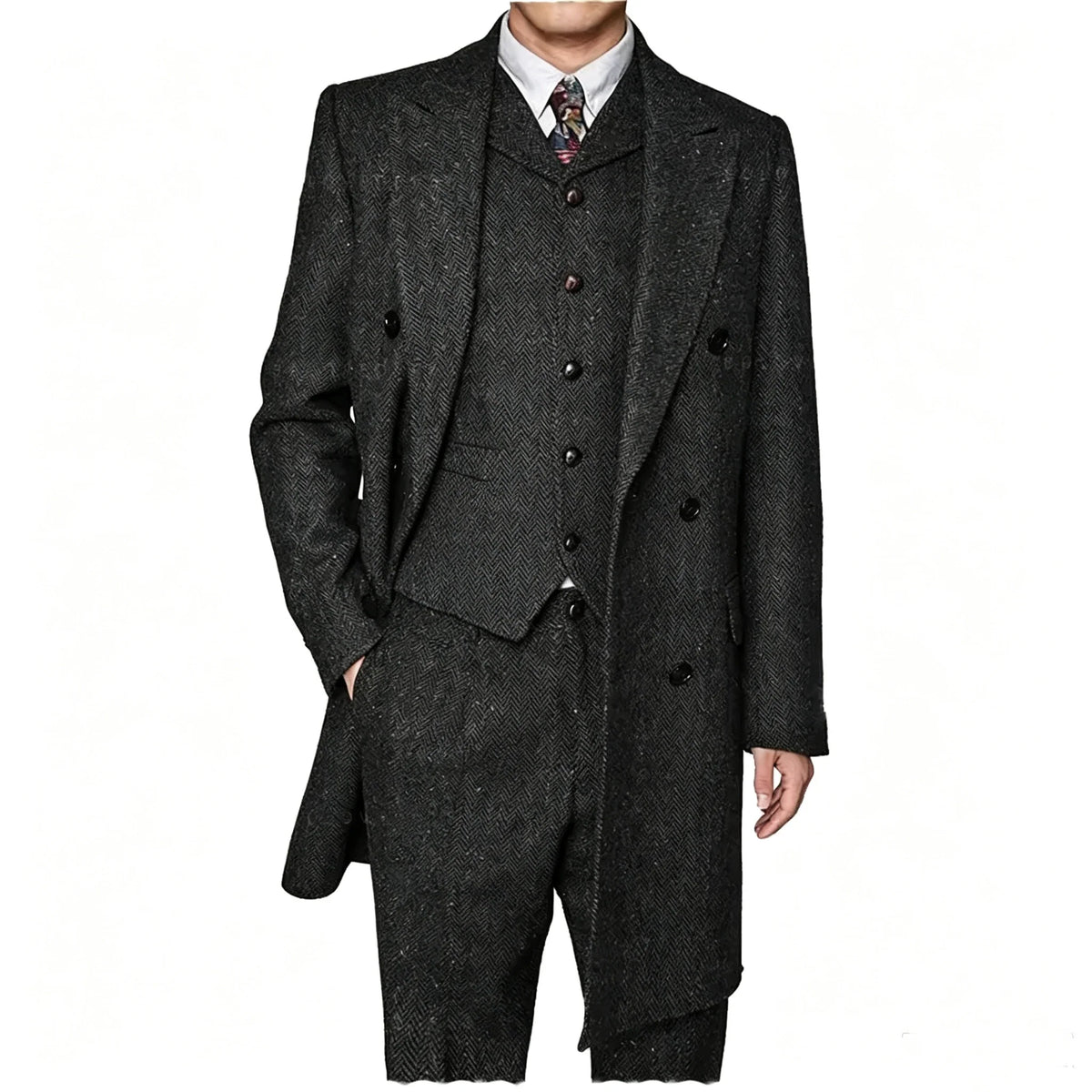 Men Vintage Herringbone Tweed 3 Piece Suit Double Breasted Overcoat Vest Pants Wedding Busines British Style Wool Blend Suit Set