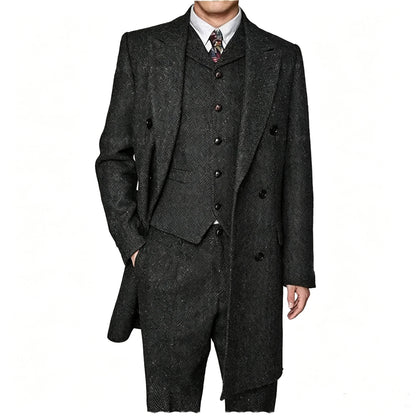 Men Vintage Herringbone Tweed 3 Piece Suit Double Breasted Overcoat Vest Pants Wedding Busines British Style Wool Blend Suit Set