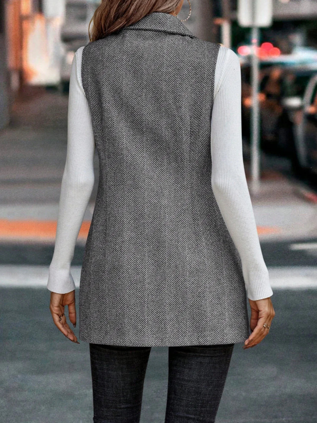 Vintage Women's Herringbone Double-Breasted Blazer Vest, Sleeveless Notched Lapel Long Waistcoat, Elegant Office Work Suit Vest