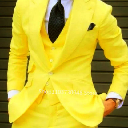 3PCS Men's Formal Tuxedo Set with Peaked Lapel Blazer Vest Pants - Fashion Business Suits for Wedding Party Groom