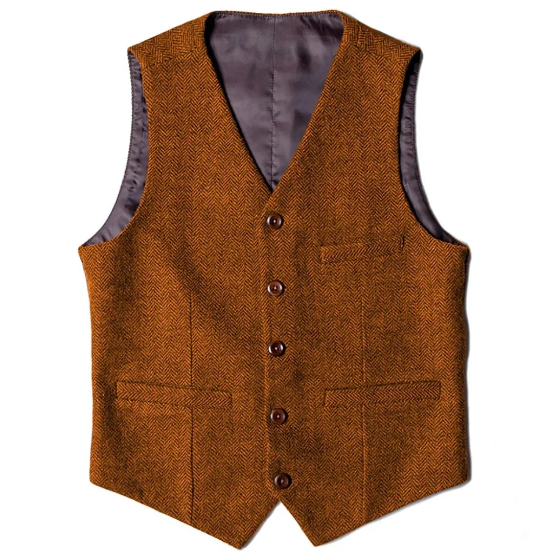 Men's Herringbone Vest Single Button V-Neck Waistcoat for Wedding & Business