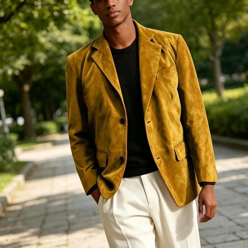 Retro Men Faux Suede Blazer Notched Lapel 2 Button Slim Fit Casual Suit Coat Business Formal Jacket For Wedding Party Daily Wear