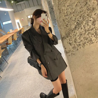 Vintage Vertical Stripes Women's Suit Jacket Loose Fit Double Breasted Autumn Outerwear Fashion Versatile Polyester Cotton Blend