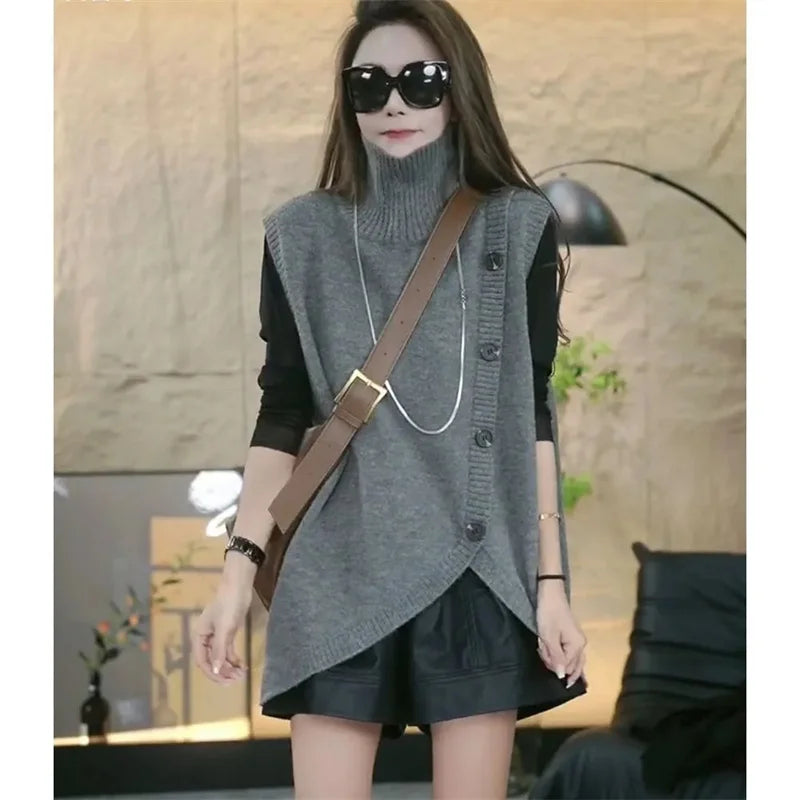 Women Large Size 4XL Knit Waistcoat Coat Ladies Irregular Sweater Vest Tops Autumn Female High Collar Sleeveless  ﻿