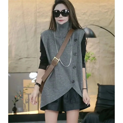 Women Large Size 4XL Knit Waistcoat Coat Ladies Irregular Sweater Vest Tops Autumn Female High Collar Sleeveless  ﻿
