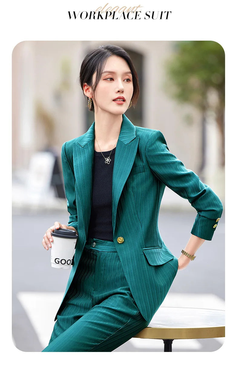 Professional Women's Suit2024New Autumn Green Striped Acetate Suit Workwear Elegant High-end Workplace Formal Wear