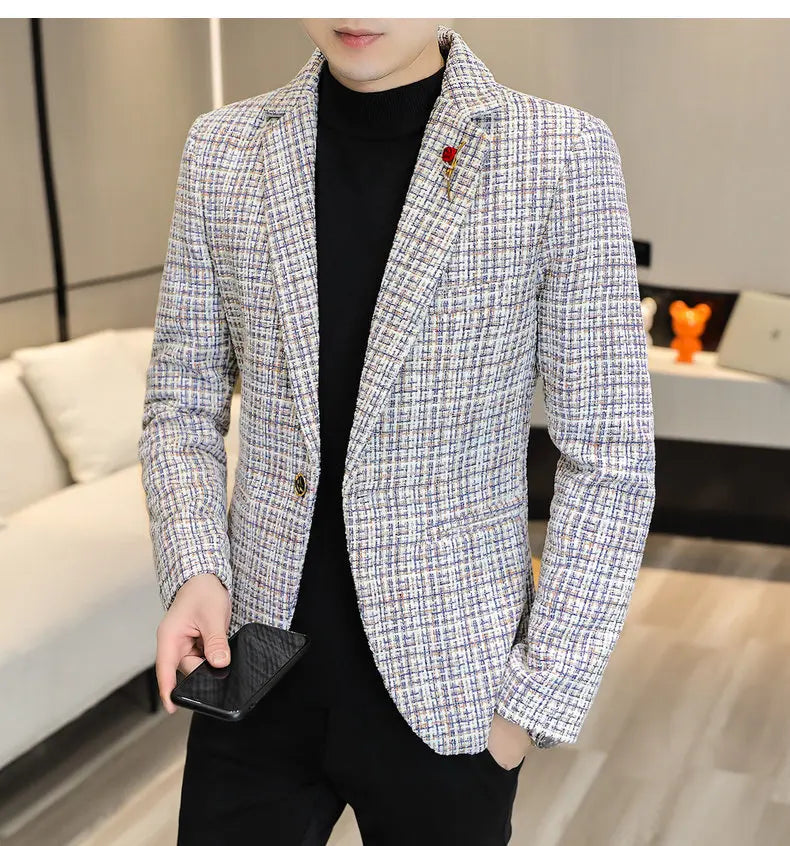 Korean Fashion Woven Suit Jacket for Men Autumn Slim Fit Casual Men Blazers Street Wear Social Business Dress Coats Men Clothing