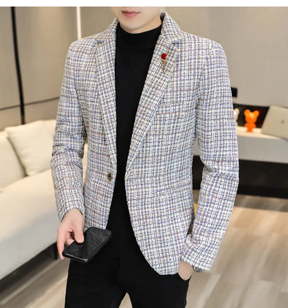 Korean Fashion Woven Suit Jacket for Men Autumn Slim Fit Casual Men Blazers Street Wear Social Business Dress Coats Men Clothing